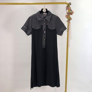 Denim Panel Short-sleeve Midi Collared Dress