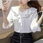 Contrast Trim Tasseled 3/4 Sleeve Blouse