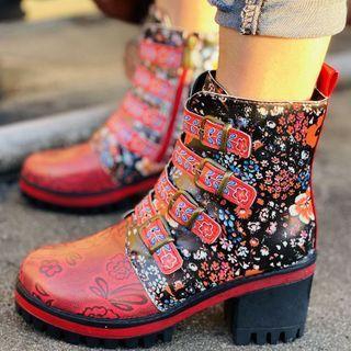 Block Heel Floral Print Buckled Short Boots