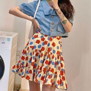 Set Of 2: Balloon-sleeve Blouse + Floral Skirt