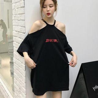 Long-sleeve Off-shoulder Letter Printed Long T-shirt Black - One Size