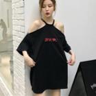 Long-sleeve Off-shoulder Letter Printed Long T-shirt Black - One Size