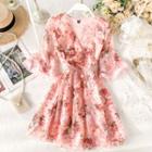 Flared-cuff Floral Print A-line Dress