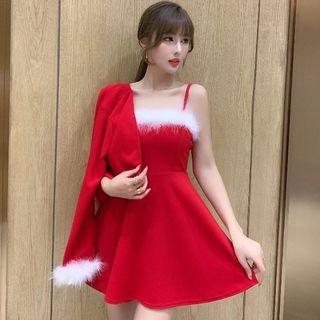 Set: Spaghetti Strap Fluffy Trim Mini A-line Dress + Cropped Jacket