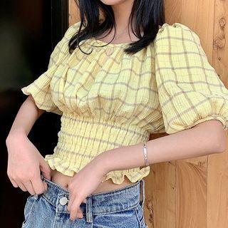 Puff Sleeve Check Square Neck Smocked Top