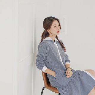 Ruffle-hem Contrast-trim Stripe Shirtdress