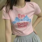 Lettering Print Short-sleeve Crop Top Pink - One Size