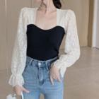 Bell-sleeve Lace Panel Knit Top White Sleeves - Black - One Size