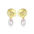 Sterling Silver Plated Gold Simple Fashion Conch White Freshwater Pearl Earrings Golden - One Size