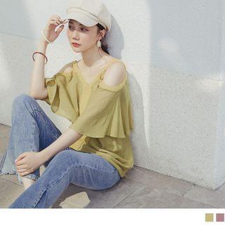 Cold Shoulder V-neck Flutter Sleeve Ruffled Top