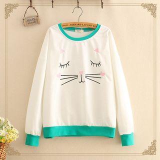 Contrast-trim Cat Face Embroidered Long-sleeve Sweater