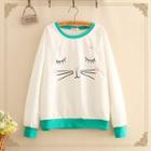 Contrast-trim Cat Face Embroidered Long-sleeve Sweater