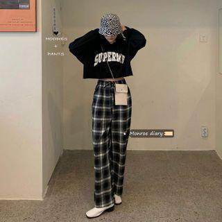 Cropped Lettering Print Hoodie / Wide-leg Plaid Pants