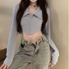 Long-sleeve Lapel Plain Slim Fit Asymmetric Zip Up Crop Top Blue - One Size