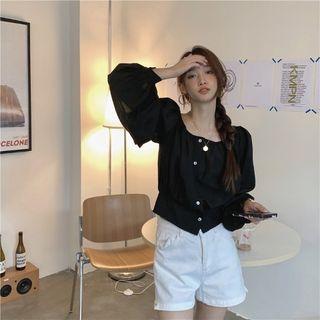 Long-sleeve Scoop-neck Button-up Blouse