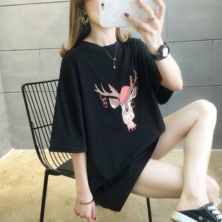 Reindeer Print Elbow-sleeve T-shirt