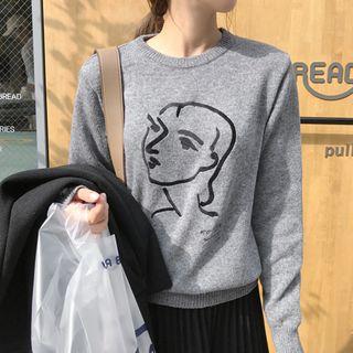 Illustration Embroidered Knit Top Gray - One Size
