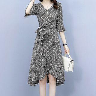 Elbow-sleeve Ruffle Trim Print Midi Dress