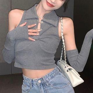 Set: Halter-neck Collared Top + Arm Sleeves