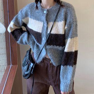 Color Block Cropped Cardigan Gray - One Size