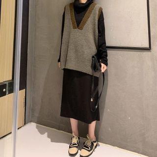 Set: Turtleneck Long Sleeve Knit Dress + V-neck Vest