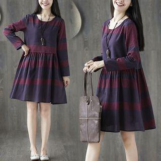 Stripe Long-sleeve Linen A-line Dress