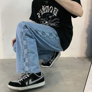 Checkerboard Panel Wide-leg Jeans