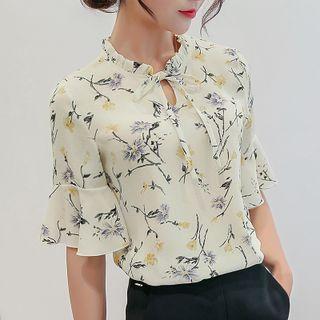 Bell-sleeve Floral Print Ruffle Trim Chiffon Top