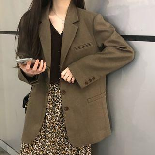 Plain Single-breasted Blazer / V-neck Cardigan / Flower Print Midi A-line Skirt