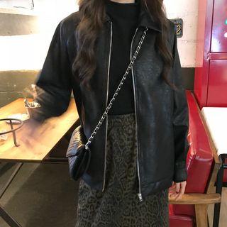 Faux Leather Zip Jacket / Leopard Print Midi H-line Skirt
