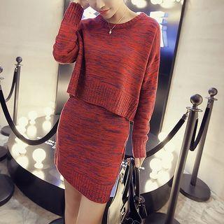 Set: Melange Cropped Knit Top + Knit Pencil-cut Skirt