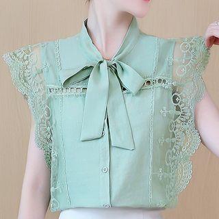Tie-neck Lace Trim Sleeveless Chiffon Top
