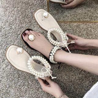 Faux Pearl Ankle-strap Flat Sandals