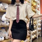 Short-sleeve Striped Shirt / Tie / Mini Skirt