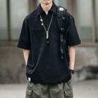 Set: Short-sleeve Collared Pocket Detail T-shirt + Brooch