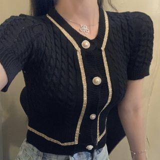 Short-sleeve Contrast Trim Shirred Top