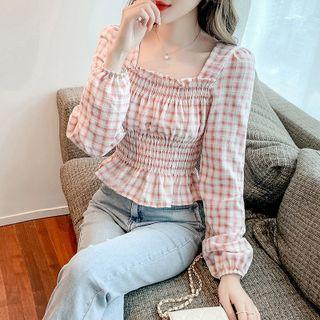 Long-sleeve Shirred Plaid Top