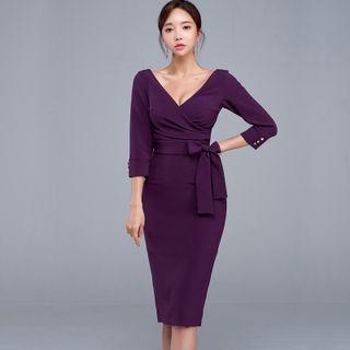 Long-sleeve Deep V-neck Tie-waist Sheath Dress