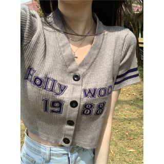 Short-sleeve Lettering Cropped Cardigan Gray - One Size