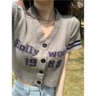 Short-sleeve Lettering Cropped Cardigan Gray - One Size