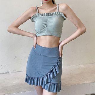 Set: Ruffle Trim Spaghetti Strap Swim Top + Skort
