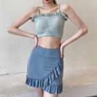 Set: Ruffle Trim Spaghetti Strap Swim Top + Skort