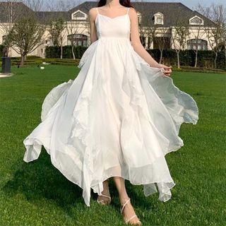 Strappy Ruffled Maxi A-line Chiffon Dress / Shawl