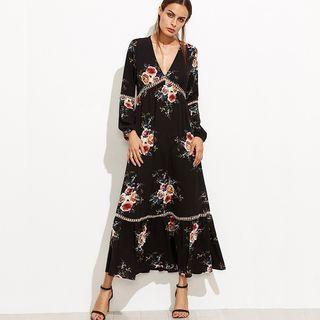 Floral Print Long Sleeve Flared Maxi Dress