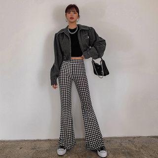 Band-waist Gingham Boot-cut Pants Black - One Size