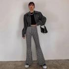 Band-waist Gingham Boot-cut Pants Black - One Size