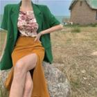 Floral Camisole Top / Short-sleeve Blazer / Slit Midi Pencil Skirt