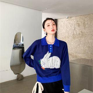 Contrast Collar Rabbit Jacquard Polo Sweater