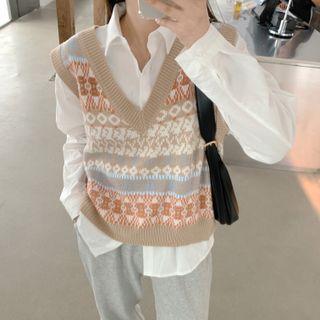 Jacquard Sweater Vest / Harem Sweatpants / Plain Shirt