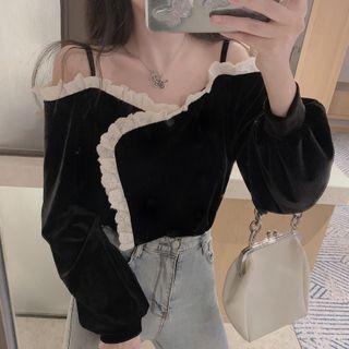 Lace Trim Cold-shoulder Blouse Black - One Size